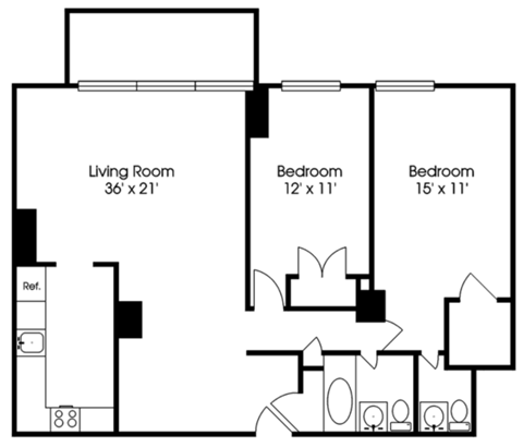Floor plan for 2 beds, 2 baths, 1057 sqft